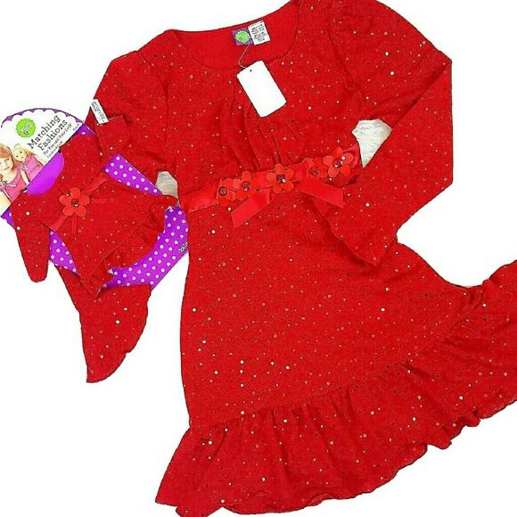 New 12 Plus DOLLIE ME Red Dress Christmas Matching Outfit 18" American Girl Doll - Picture 1 of 16